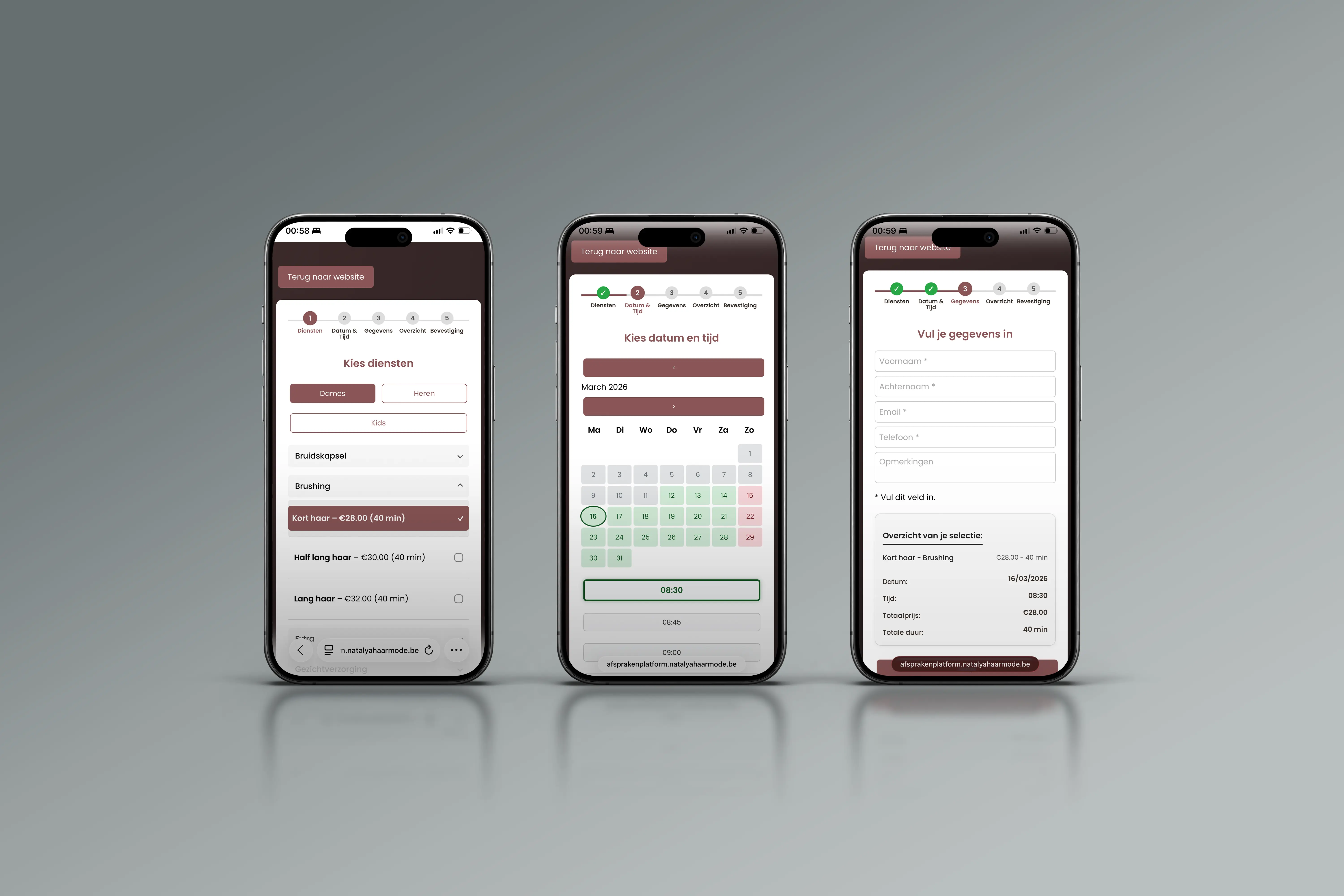 Afsprakenplatform Natalya Haarmode — boekingsflow op mobiel